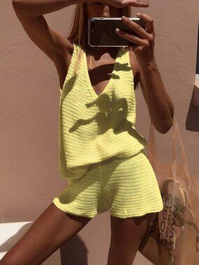 Yellow Sexy Women's Knit Top And Shorts coord  Set
